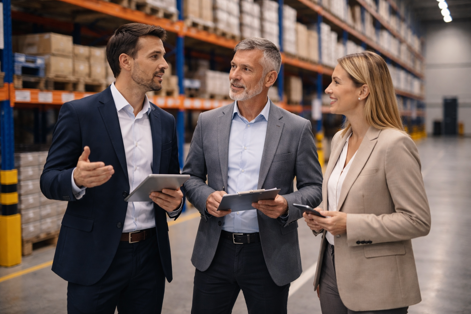 Équipe en discussion dans un entrepôt